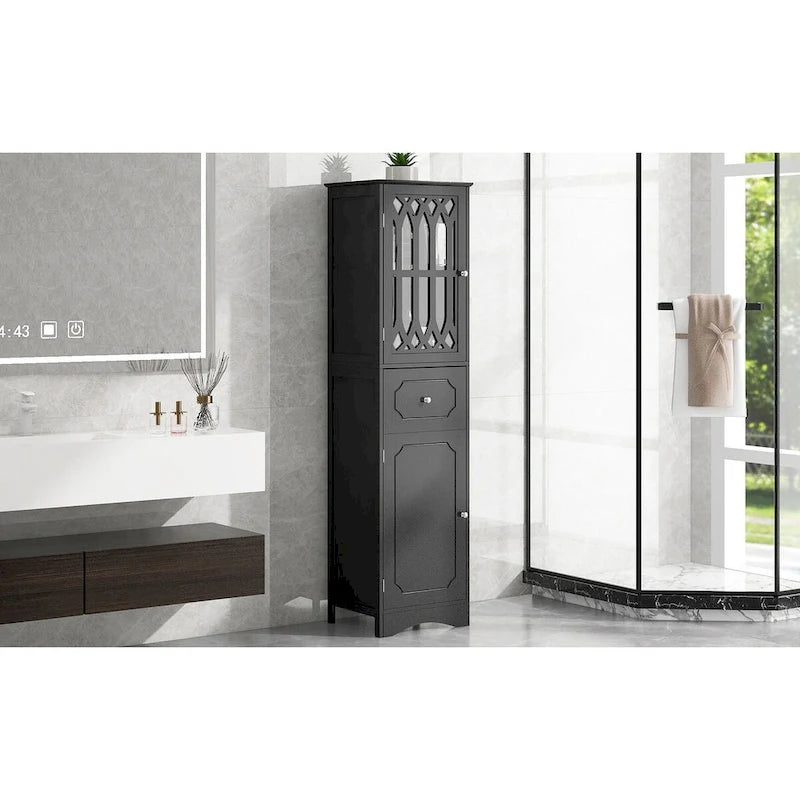 Mobile bagno a colonna nero, autoportante, uso singolo, 1 cassetto e 2 ante