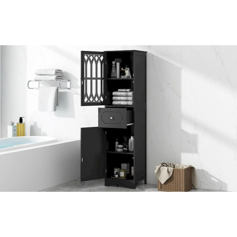 Mobile bagno a colonna nero, autoportante, uso singolo, 1 cassetto e 2 ante