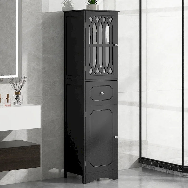 Mobile bagno a colonna nero, autoportante, uso singolo, 1 cassetto e 2 ante