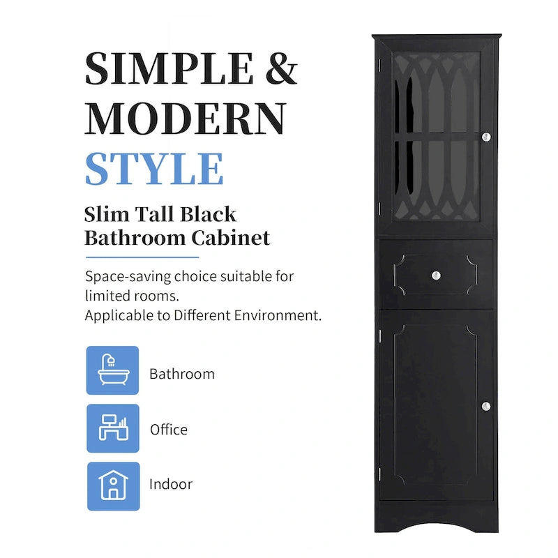 Mobile bagno a colonna nero, autoportante, uso singolo, 1 cassetto e 2 ante