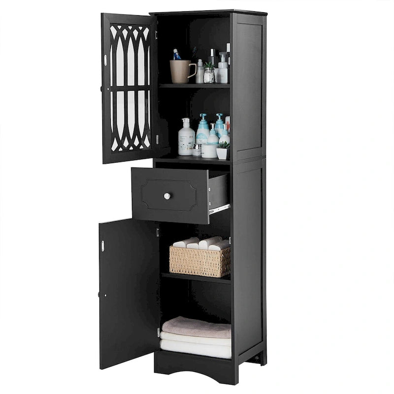 Mobile bagno a colonna nero, autoportante, uso singolo, 1 cassetto e 2 ante
