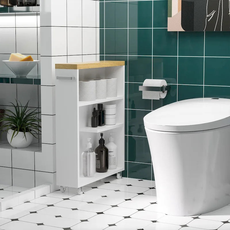 Mobiletto contenitore stretto a rotelle bianco con 3 ripiani, monoposto