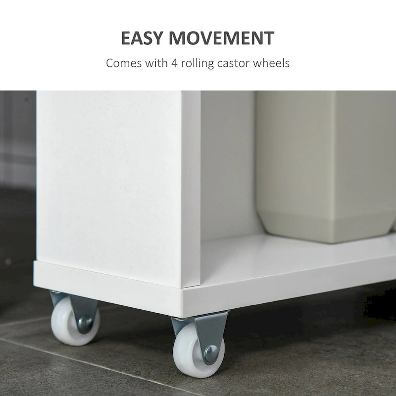 Mobiletto contenitore stretto a rotelle bianco con 3 ripiani, monoposto