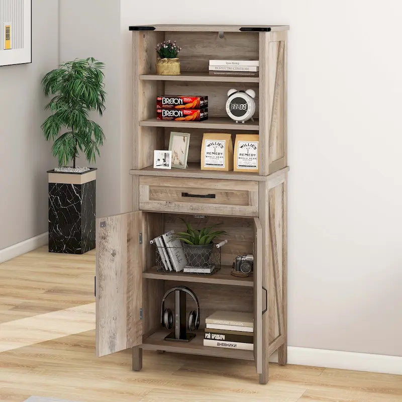 Armadio alto/credenza a colonna marrone/bianco con ante e ripiani, 147 cm, autoportante, per 1 persona