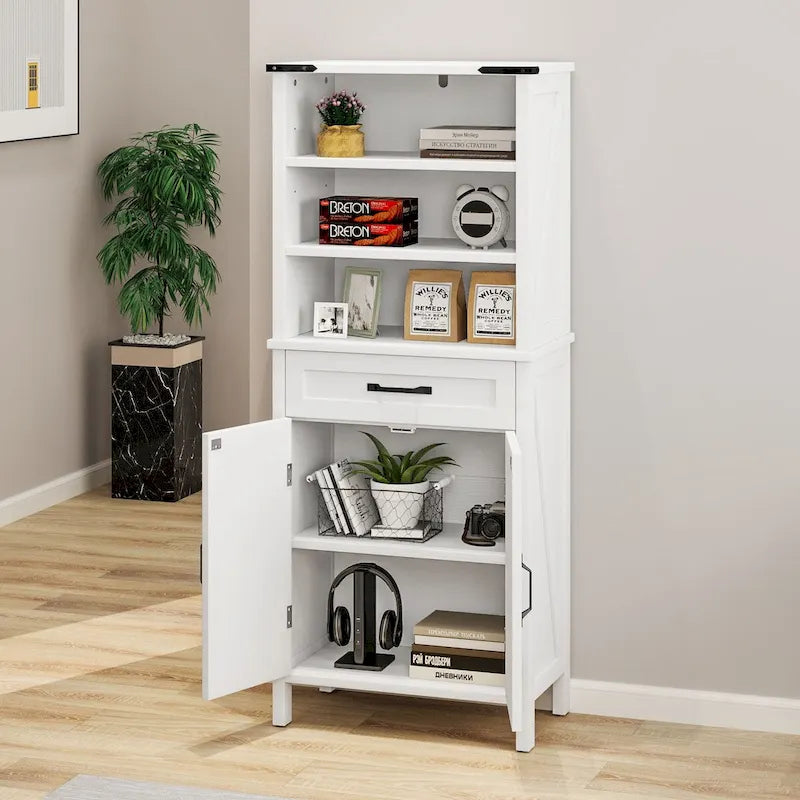 Armadio alto/credenza a colonna marrone/bianco con ante e ripiani, 147 cm, autoportante, per 1 persona