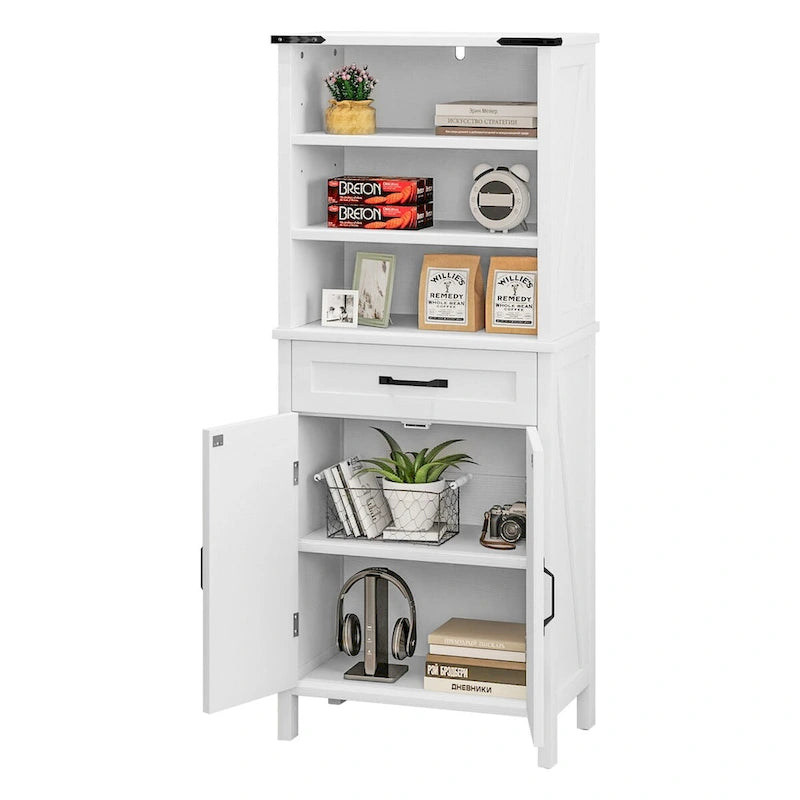 Armadio alto/credenza a colonna marrone/bianco con ante e ripiani, 147 cm, autoportante, per 1 persona