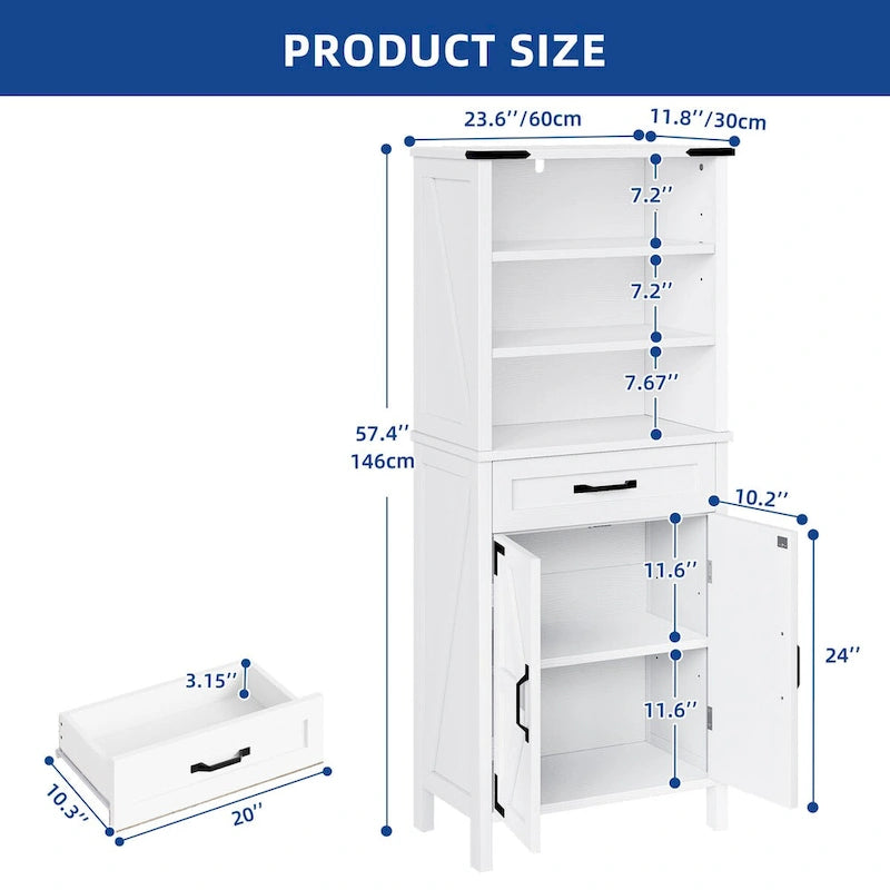 Armadio alto/credenza a colonna marrone/bianco con ante e ripiani, 147 cm, autoportante, per 1 persona