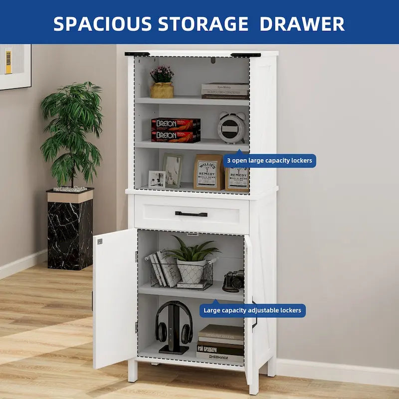 Armadio alto/credenza a colonna marrone/bianco con ante e ripiani, 147 cm, autoportante, per 1 persona