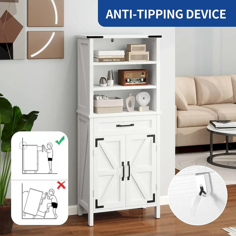 Armadio alto/credenza a colonna marrone/bianco con ante e ripiani, 147 cm, autoportante, per 1 persona