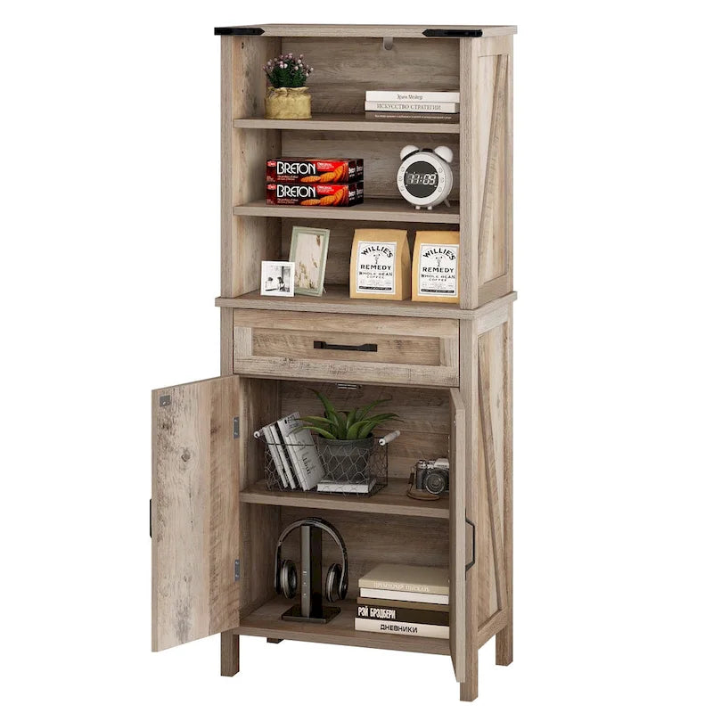 Armadio alto/credenza a colonna marrone/bianco con ante e ripiani, 147 cm, autoportante, per 1 persona
