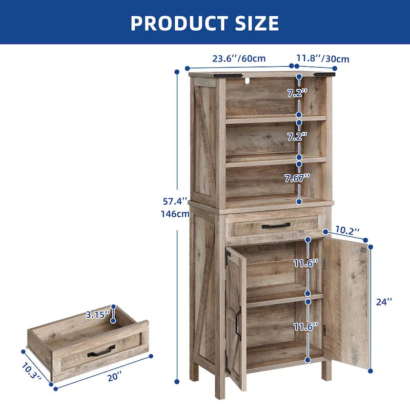 Armadio alto/credenza a colonna marrone/bianco con ante e ripiani, 147 cm, autoportante, per 1 persona