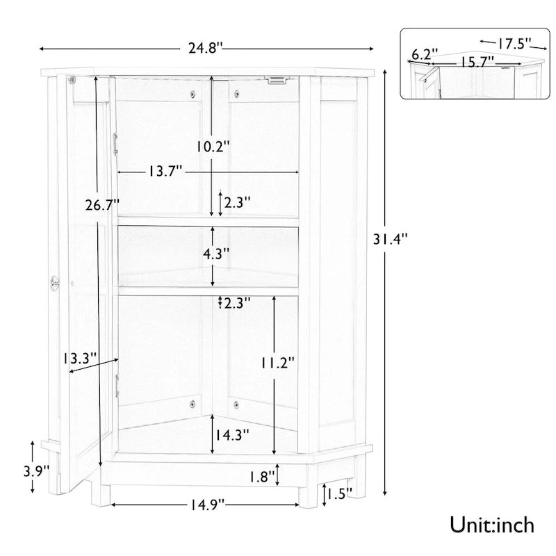 Mobile angolare a triangolo con finitura in legno nero e ripiani regolabili
