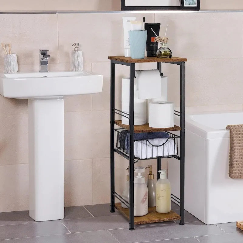 Scaffale da bagno autoportante a 3 ripiani marrone e nero con porta carta igienica, per 1 persona
