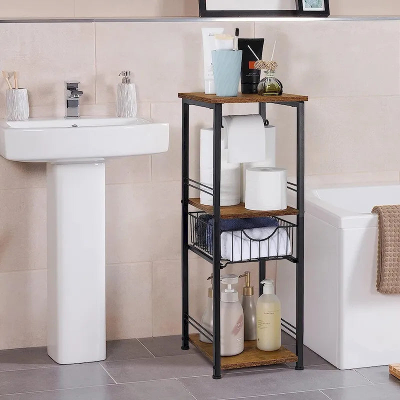 Scaffale da bagno autoportante a 3 ripiani marrone e nero con porta carta igienica, per 1 persona