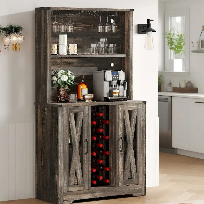 Bar da fattoria in rovere scuro/rovere rustico con luci a LED, portabottiglie e portabicchieri, per 1 persona