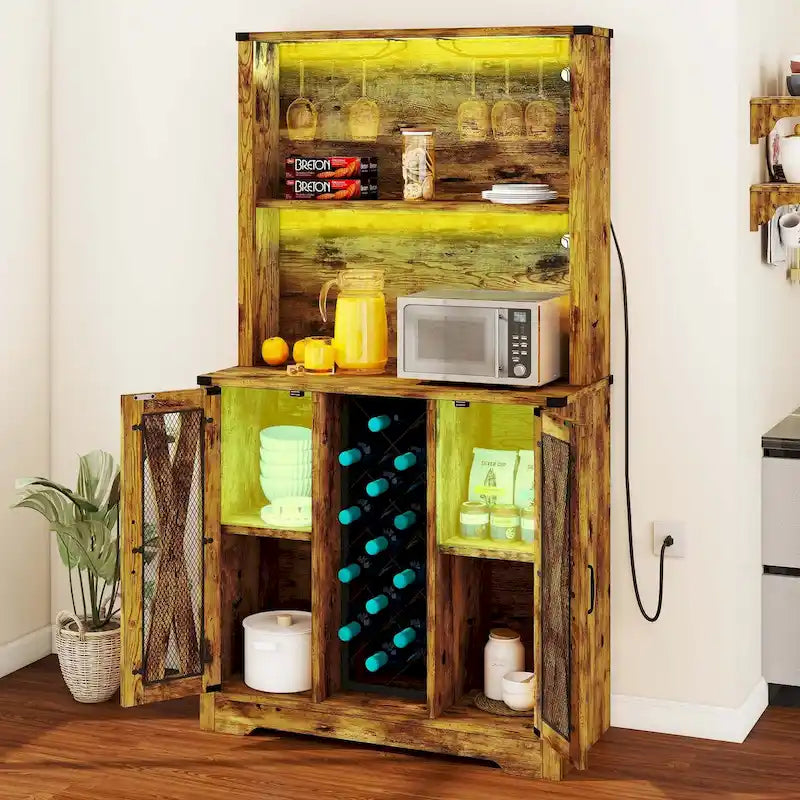 Bar da fattoria in rovere scuro/rovere rustico con luci a LED, portabottiglie e portabicchieri, per 1 persona