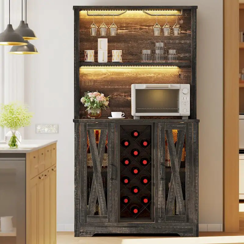 Bar da fattoria in rovere scuro/rovere rustico con luci a LED, portabottiglie e portabicchieri, per 1 persona