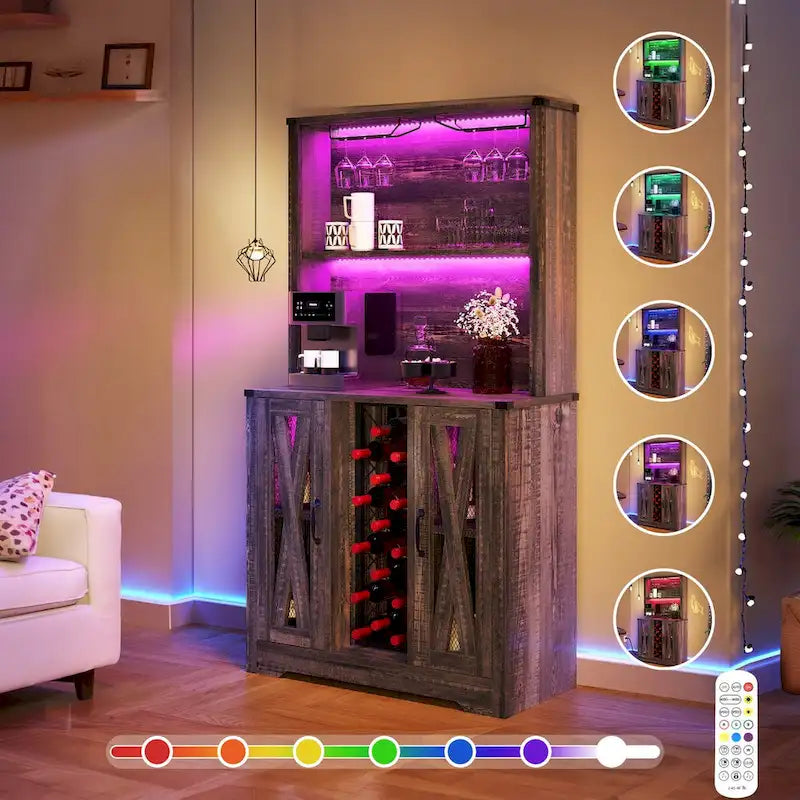 Bar da fattoria in rovere scuro/rovere rustico con luci a LED, portabottiglie e portabicchieri, per 1 persona