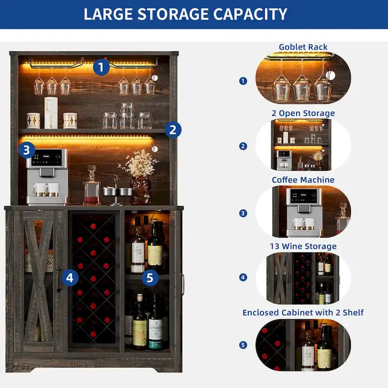 Bar da fattoria in rovere scuro/rovere rustico con luci a LED, portabottiglie e portabicchieri, per 1 persona