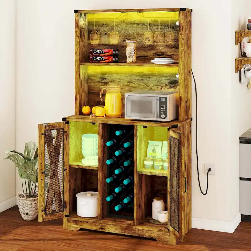 Bar da fattoria in rovere scuro/rovere rustico con luci a LED, portabottiglie e portabicchieri, per 1 persona
