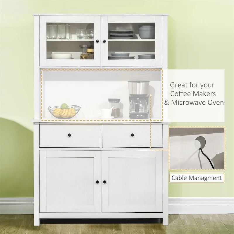 Credenza da Cucina Antica Bianca con Vetrina, Stile Rustico, Mobile Contenitore Monoblocco
