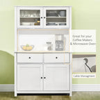 Credenza da Cucina Antica Bianca con Vetrina, Stile Rustico, Mobile Contenitore Monoblocco