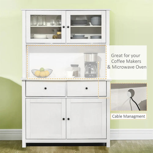 Credenza da Cucina Antica Bianca con Vetrina, Stile Rustico, Mobile Contenitore Monoblocco