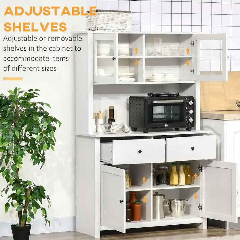 Credenza da Cucina Antica Bianca con Vetrina, Stile Rustico, Mobile Contenitore Monoblocco