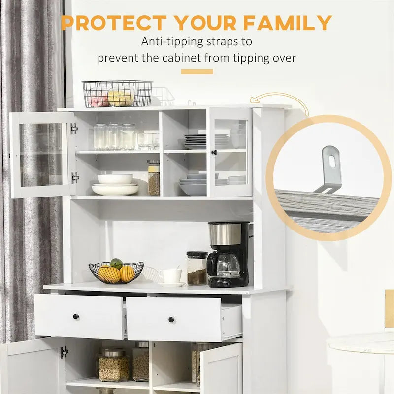 Credenza da Cucina Antica Bianca con Vetrina, Stile Rustico, Mobile Contenitore Monoblocco