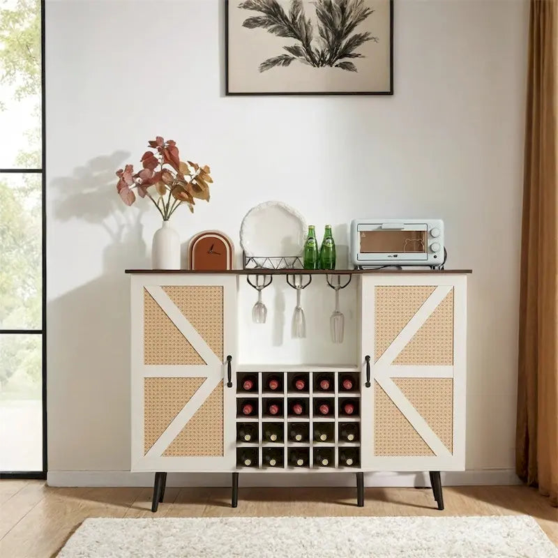 Credenza portavino Bianca e Noce/Rovere con Rattan Sintetico, Porta Scorrevole a Fienile, Portabottiglie da 20 Posti e Portabicchieri, Montaggio in 2 Persone
