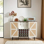 Credenza portavino Bianca e Noce/Rovere con Rattan Sintetico, Porta Scorrevole a Fienile, Portabottiglie da 20 Posti e Portabicchieri, Montaggio in 2 Persone