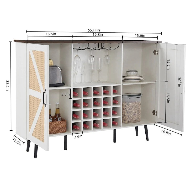 Credenza portavino Bianca e Noce/Rovere con Rattan Sintetico, Porta Scorrevole a Fienile, Portabottiglie da 20 Posti e Portabicchieri, Montaggio in 2 Persone