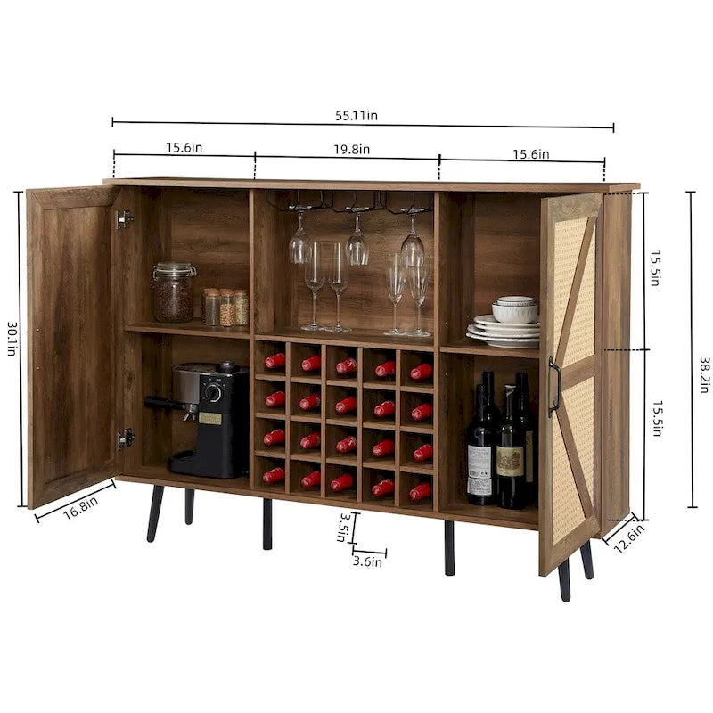 Credenza portavino Bianca e Noce/Rovere con Rattan Sintetico, Porta Scorrevole a Fienile, Portabottiglie da 20 Posti e Portabicchieri, Montaggio in 2 Persone