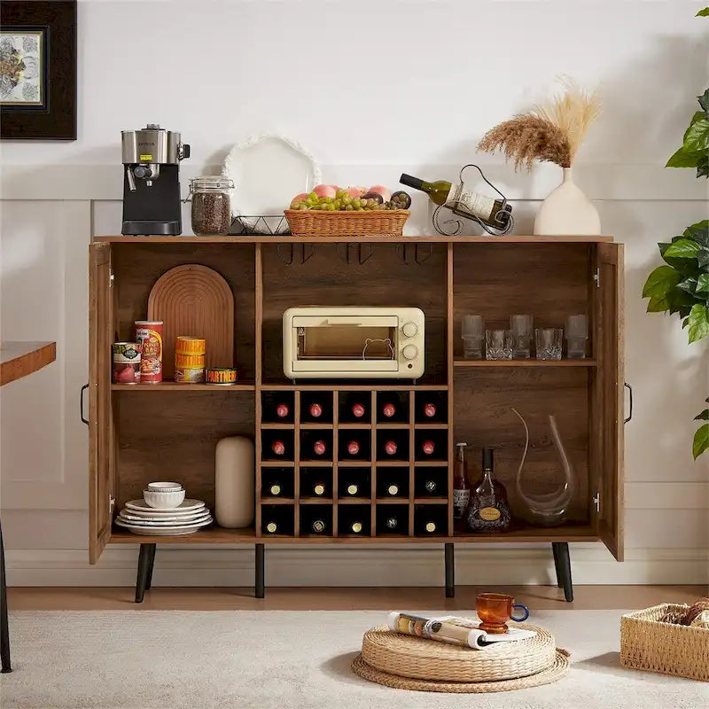 Credenza portavino Bianca e Noce/Rovere con Rattan Sintetico, Porta Scorrevole a Fienile, Portabottiglie da 20 Posti e Portabicchieri, Montaggio in 2 Persone