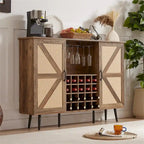 Credenza portavino Bianca e Noce/Rovere con Rattan Sintetico, Porta Scorrevole a Fienile, Portabottiglie da 20 Posti e Portabicchieri, Montaggio in 2 Persone