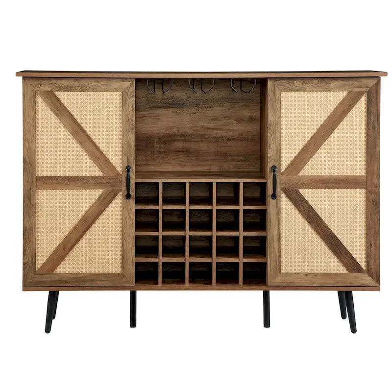 Credenza portavino Bianca e Noce/Rovere con Rattan Sintetico, Porta Scorrevole a Fienile, Portabottiglie da 20 Posti e Portabicchieri, Montaggio in 2 Persone