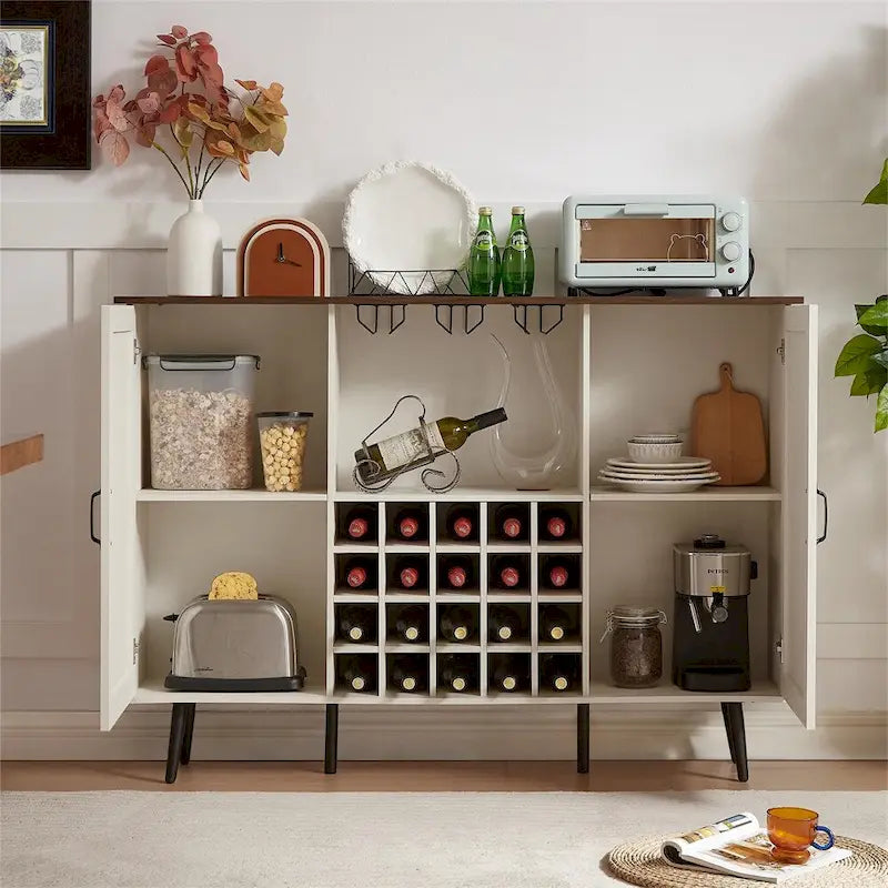 Credenza portavino Bianca e Noce/Rovere con Rattan Sintetico, Porta Scorrevole a Fienile, Portabottiglie da 20 Posti e Portabicchieri, Montaggio in 2 Persone