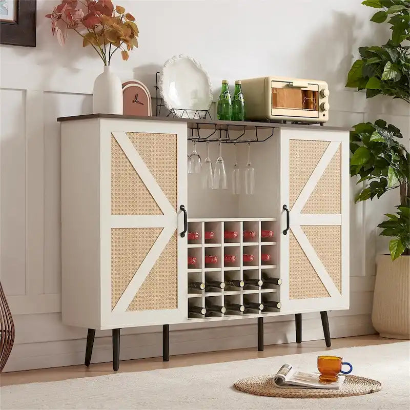 Credenza portavino Bianca e Noce/Rovere con Rattan Sintetico, Porta Scorrevole a Fienile, Portabottiglie da 20 Posti e Portabicchieri, Montaggio in 2 Persone