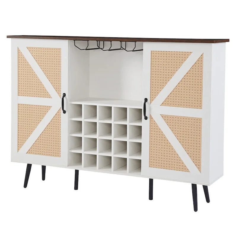 Credenza portavino Bianca e Noce/Rovere con Rattan Sintetico, Porta Scorrevole a Fienile, Portabottiglie da 20 Posti e Portabicchieri, Montaggio in 2 Persone