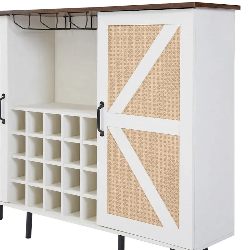Credenza portavino Bianca e Noce/Rovere con Rattan Sintetico, Porta Scorrevole a Fienile, Portabottiglie da 20 Posti e Portabicchieri, Montaggio in 2 Persone