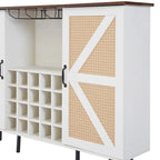 Credenza portavino Bianca e Noce/Rovere con Rattan Sintetico, Porta Scorrevole a Fienile, Portabottiglie da 20 Posti e Portabicchieri, Montaggio in 2 Persone