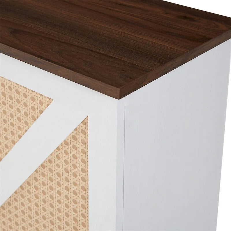 Credenza portavino Bianca e Noce/Rovere con Rattan Sintetico, Porta Scorrevole a Fienile, Portabottiglie da 20 Posti e Portabicchieri, Montaggio in 2 Persone