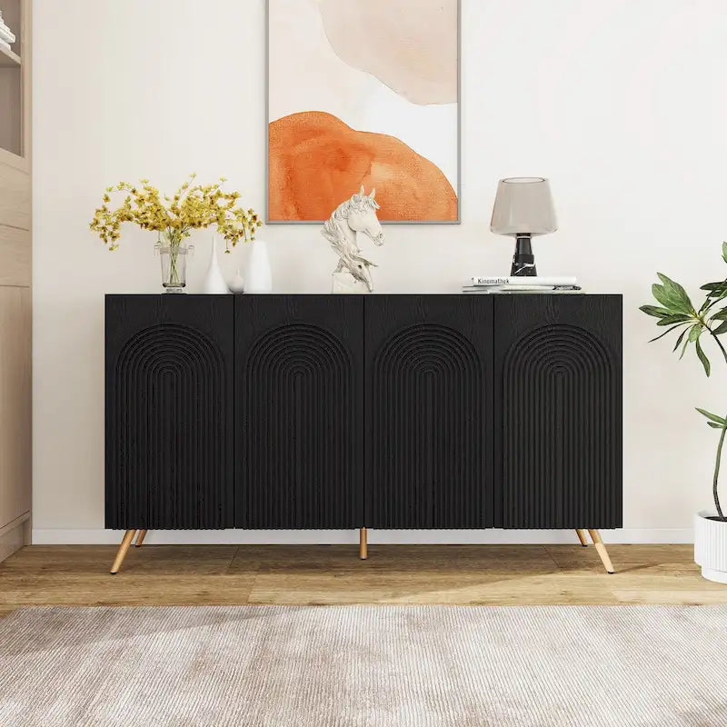 Credenza da 4 ante intagliata 3D con arco nero e ripiano regolabile, per 1 persona