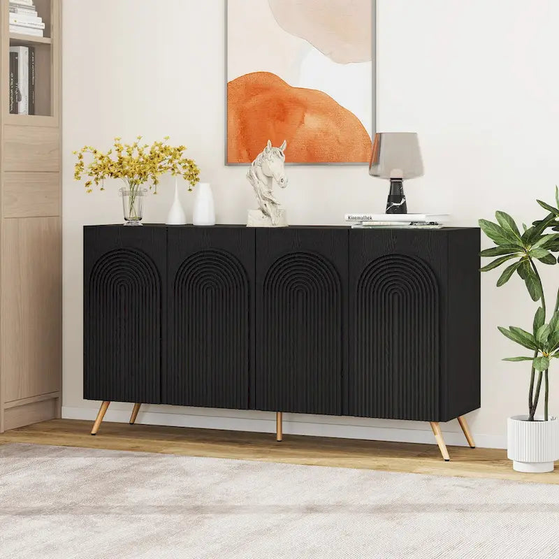 Credenza da 4 ante intagliata 3D con arco nero e ripiano regolabile, per 1 persona