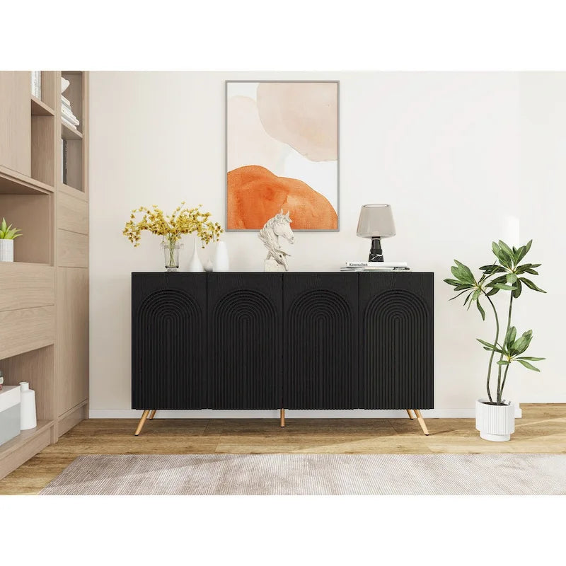 Credenza da 4 ante intagliata 3D con arco nero e ripiano regolabile, per 1 persona