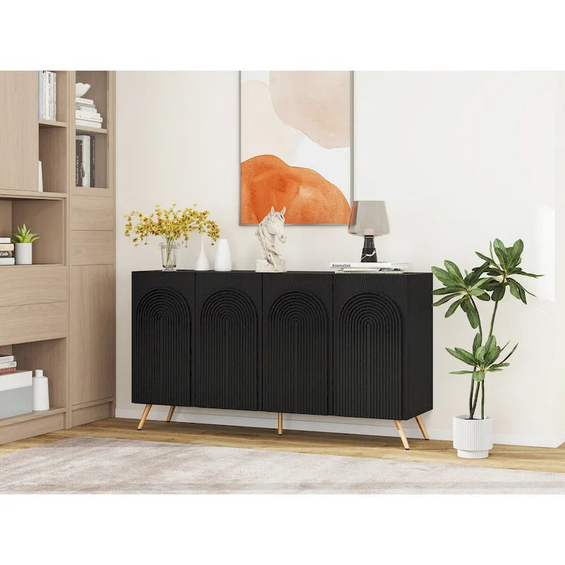 Credenza da 4 ante intagliata 3D con arco nero e ripiano regolabile, per 1 persona