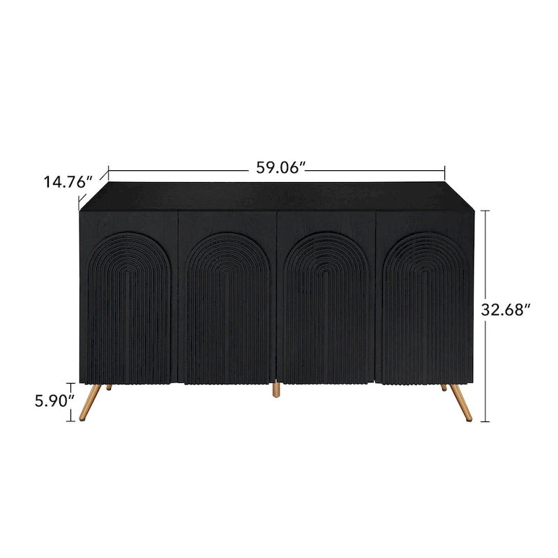 Credenza da 4 ante intagliata 3D con arco nero e ripiano regolabile, per 1 persona