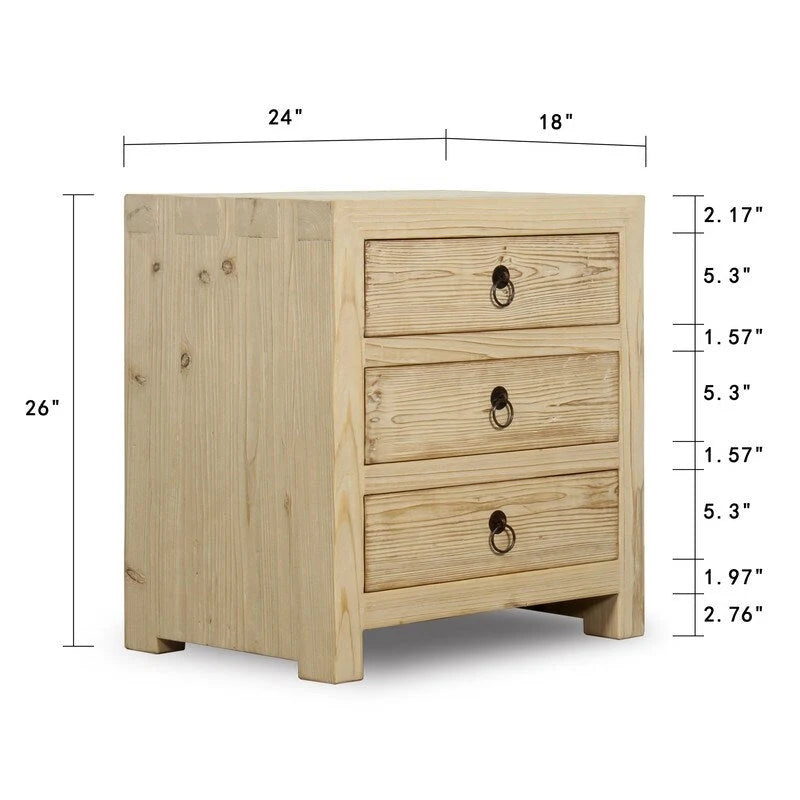 Comodino beige a 3 cassetti, per utente singolo, legno naturale invecchiato, 61 cm (L) x 46 cm (P) x 66 cm (A)